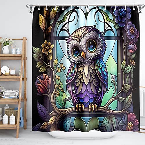Reateforin Funny Owl Shower Curtain For Bathroom Owl Stained Glass Mushroom Bathroom Accessory Spring Bathroom Decorative Watercolor Polyester Fabric 72 Inch X 72 Inch Animal Bathroom Decor With 12 Hooks thumb #1