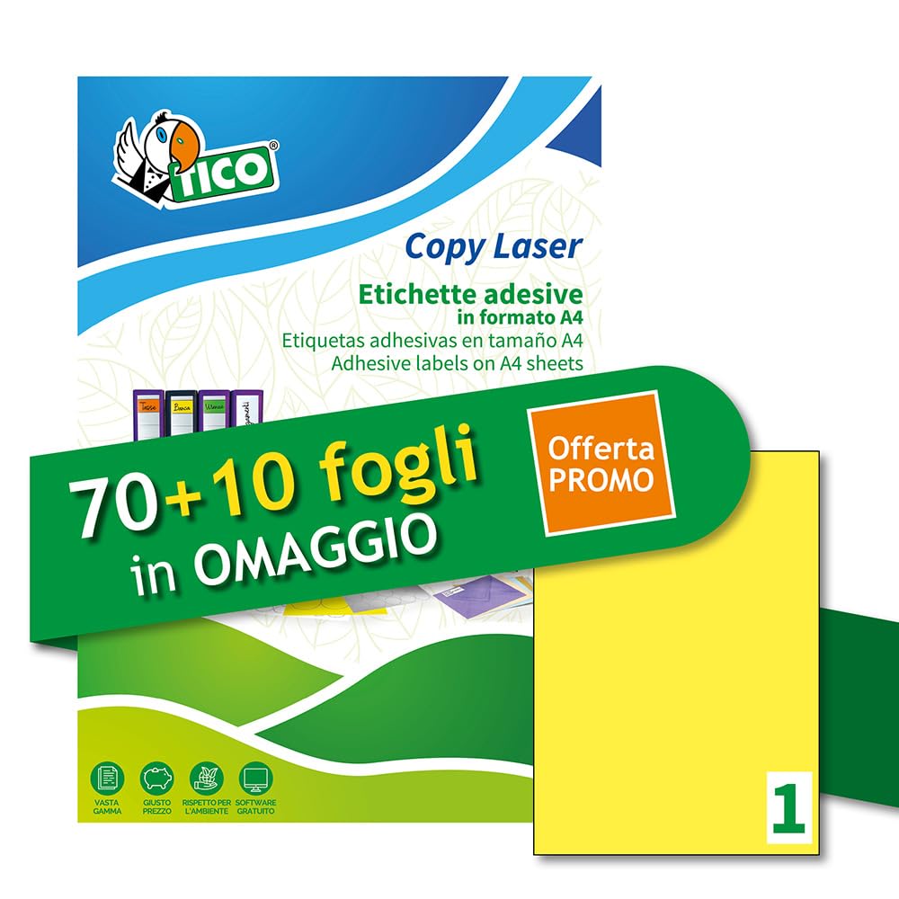 Tico Italia LP4FG-210297P Neon Yellow Adhesive Labels, 70 + 10 Extra Sheets, Rectangular 210x297mm, 1 Label Per Sheet, Permanent Adhesive, Laser and Inkjet Printers