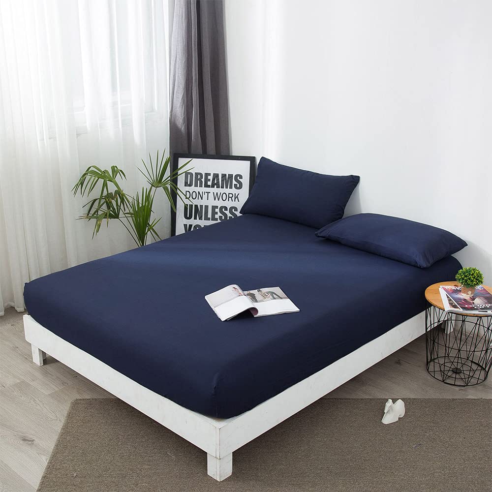 Bestenrose Bedding Waterproof Mattress Anti Bud and Mites Safety Protection Mattress Cover Washable Soft Bed Cover Elastic Design Kinders Bed Sheets (Dark Blue, Double) — image 1