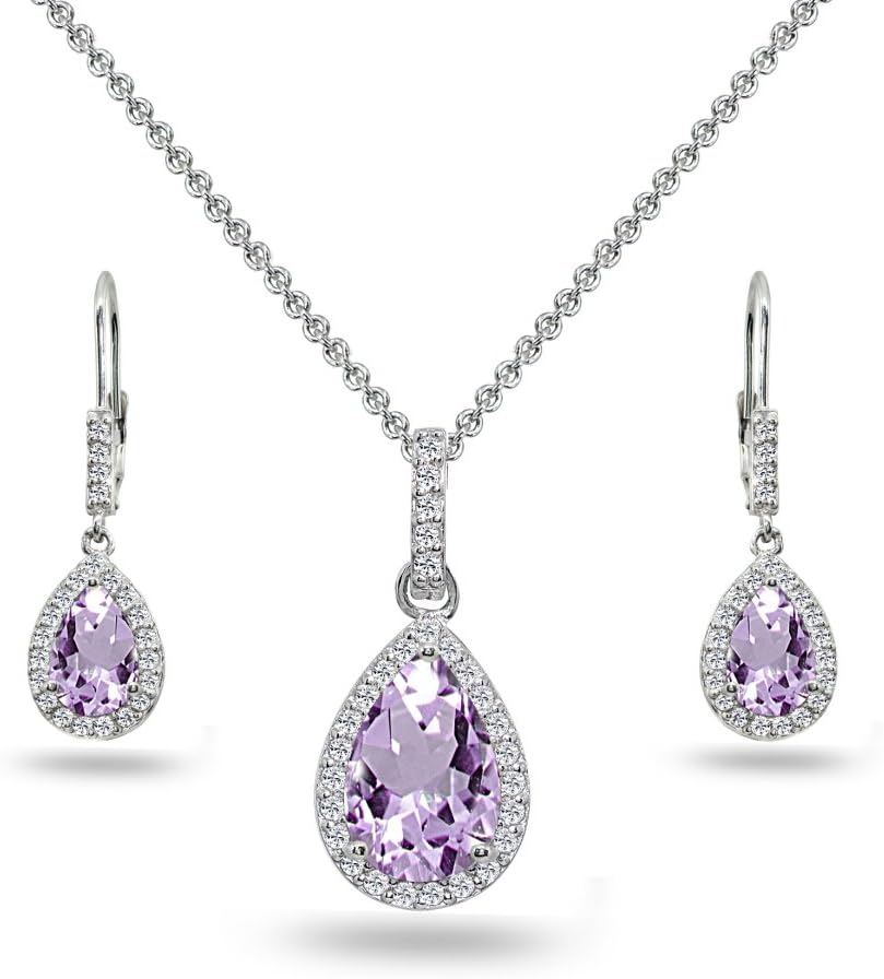 Jewelry Sets for Women, Necklace and Earring Sets for Women, Birthstone Jewelry, Genuine or Synthetic Gemstones, Teardrop Necklace and Dangle Earrings, Pendant Necklace, Sterling Silver Jewelry