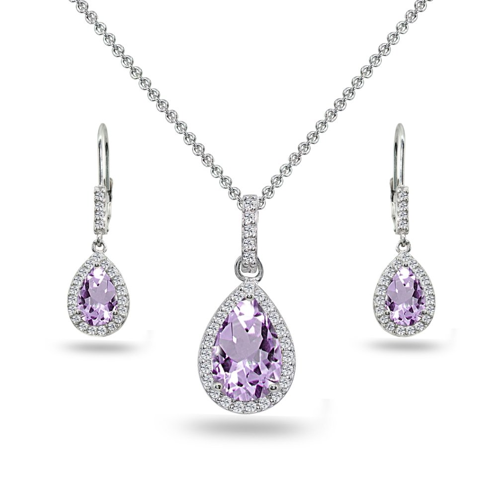 Jewelry Sets for Women, Necklace and Earring Sets for Women, Birthstone Jewelry, Genuine or Synthetic Gemstones, Teardrop Necklace and Dangle Earrings, Pendant Necklace, Sterling Silver Jewelry