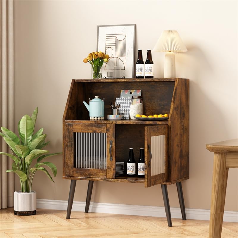 Sideboard Buffet Storage Cabinet, Tempered Glass Door for Dining Room& Living Room Hallway,Kitchen Accent Console Table with Open Shelf Mid Century (Brown)