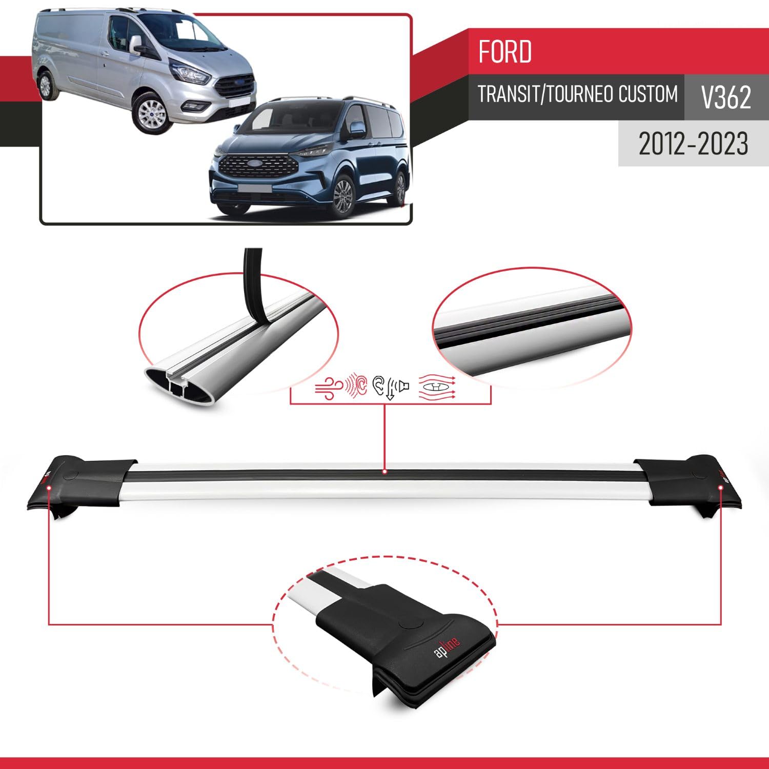 Compatible con Ford Transit/Tourneo Custom 2012-2023 Fly Model Barras de Techo Auto Portaequipajes Barras Transversales Gris Aluminio 4 Barras