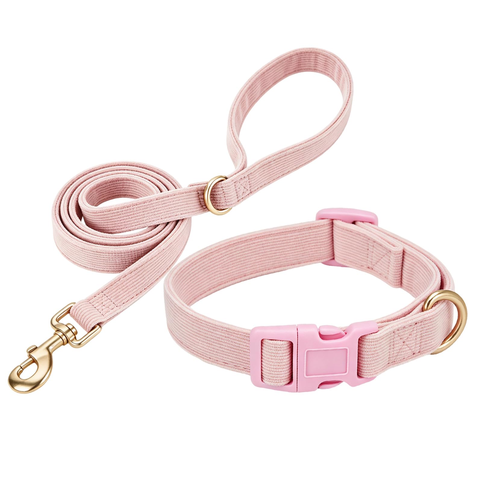 Petiry Pink Dog Collar and Lead Set - Corduroy, Comfortable & Matching for Small Dogs, Adjustable with Secure Buckle,S