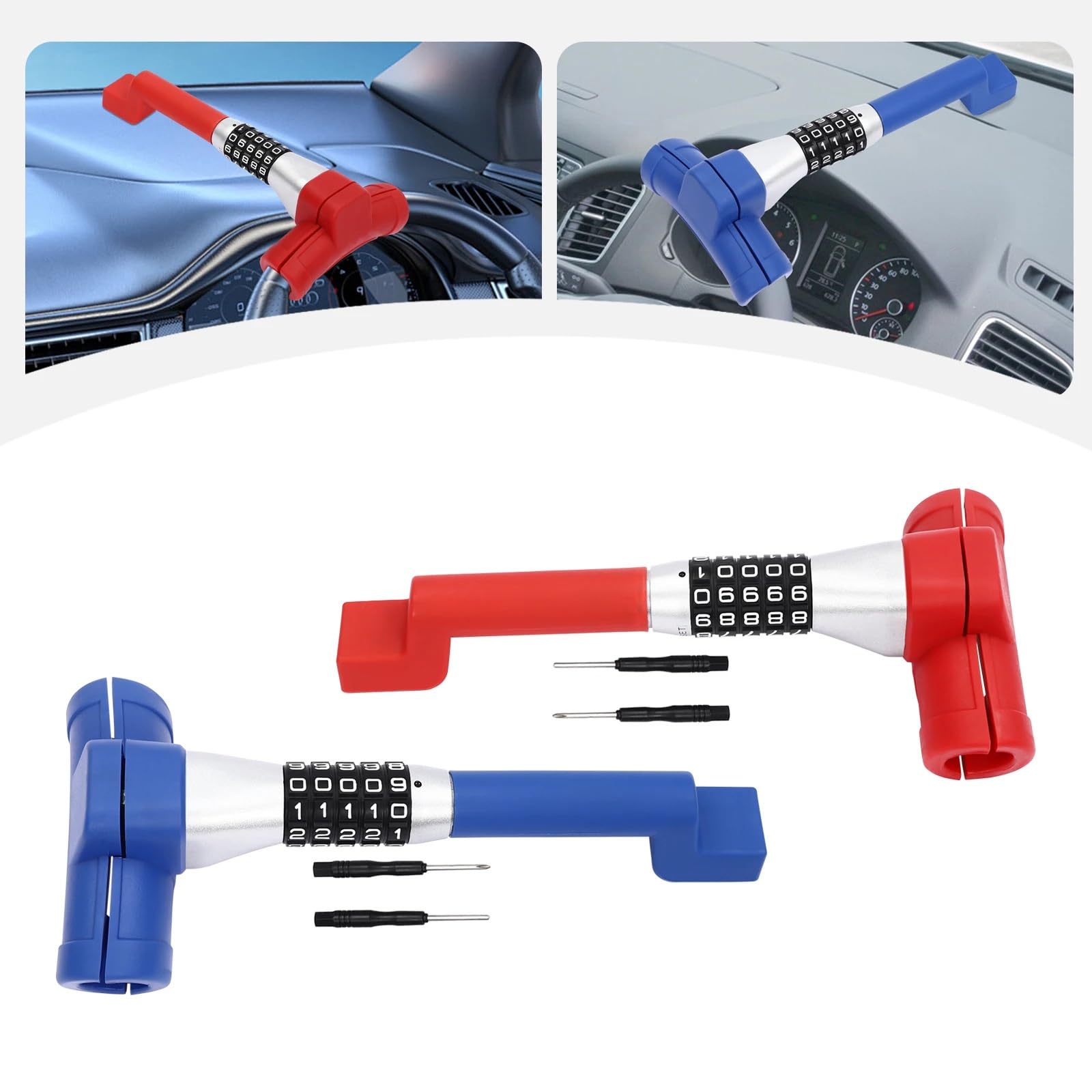 Antifurto Meccanico Blocco di protezione cifratura del volante da 6 cm/2,4 pollici antifurto per auto famiglia in alluminio Antifurto di Bloccaggio(Red)