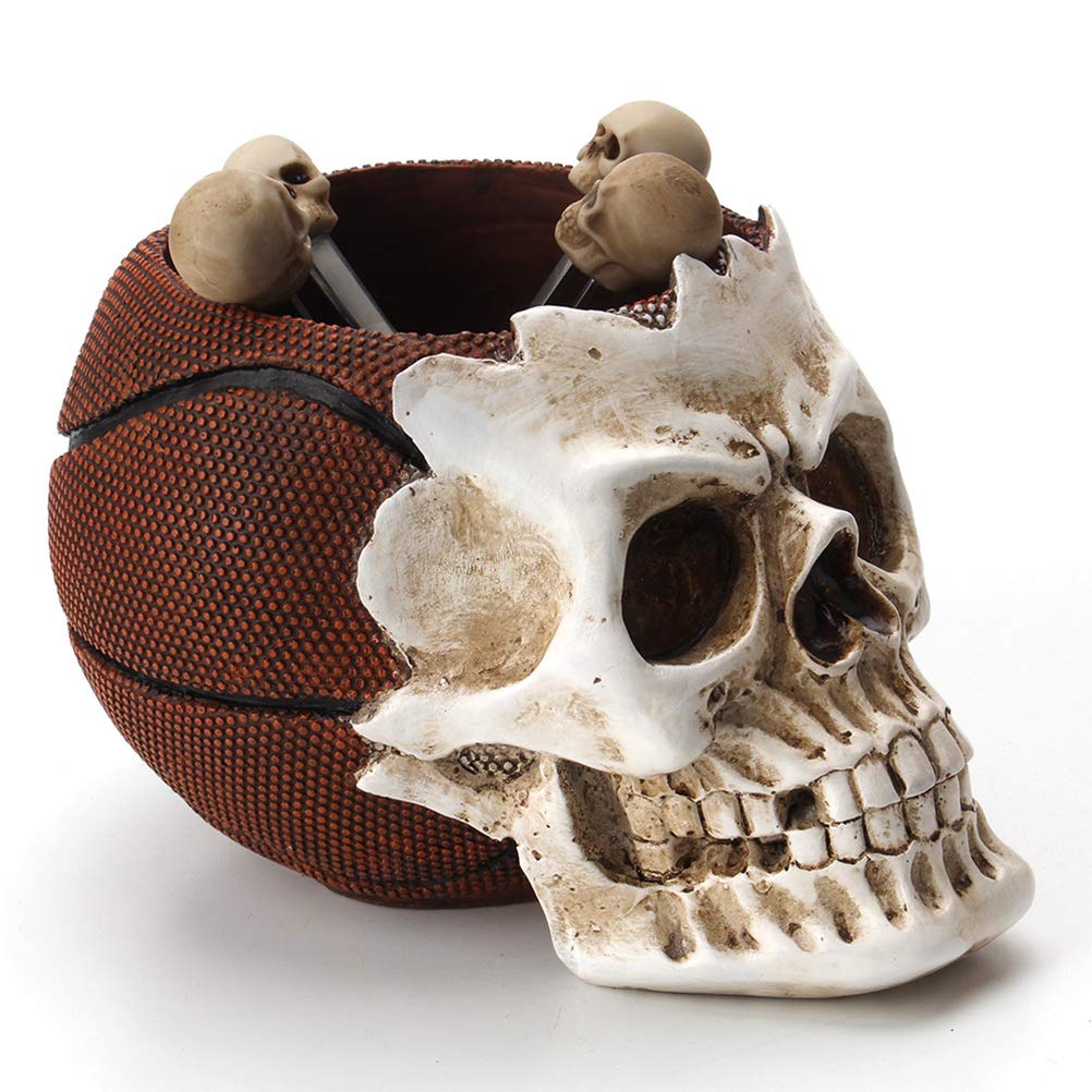 Creamon Skeleton Head Desktop Storage Box, Desktop Skeleton Head Basketball Storage Box Stationery Organizer Office Horrible Resin Pen Holder Assorted Color