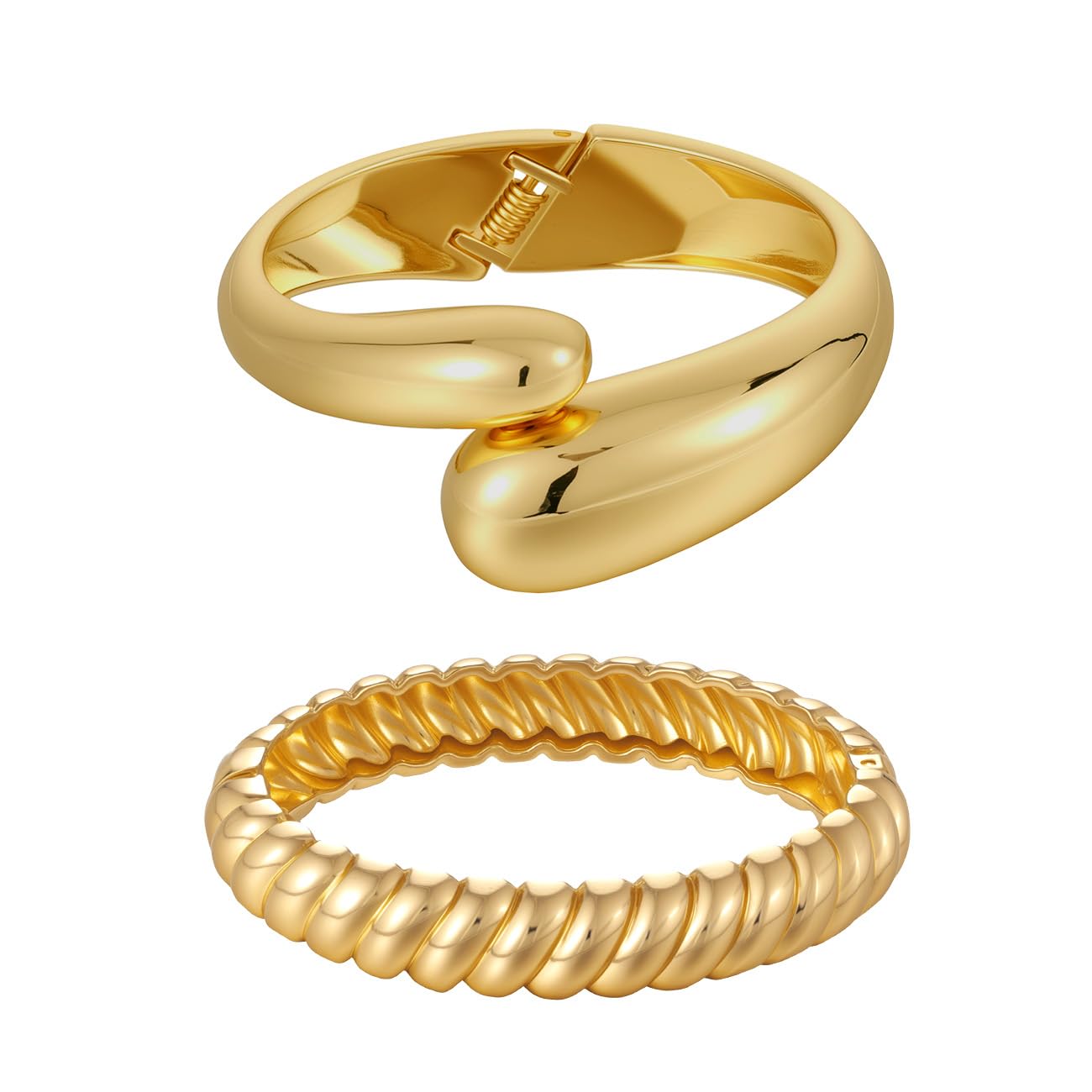 Emibele Gold Breit Manschette Armband Stack, 18K vergoldet Offener Armreif Armband, Teardrop Scharnier Handgelenk Chunky Armband Set für Frauen, Nicht Anlaufen Schmuck Geschenk, 2 Pack