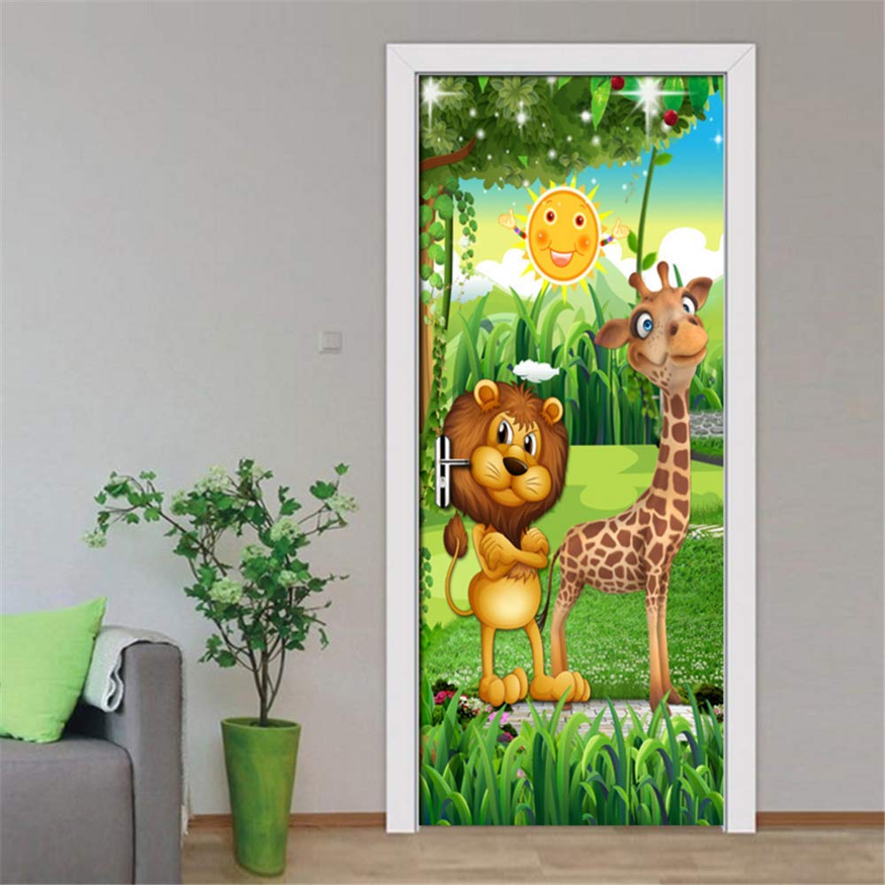 3D Bosque De Dibujos Animados Animal León Jirafa Habitación De Los Niños Habitación De Los Niños Decoración De La Puerta Etiqueta De La Pared Mural Wallpaper Autoadhesivo Cartel Escena 77 * 200 Cm