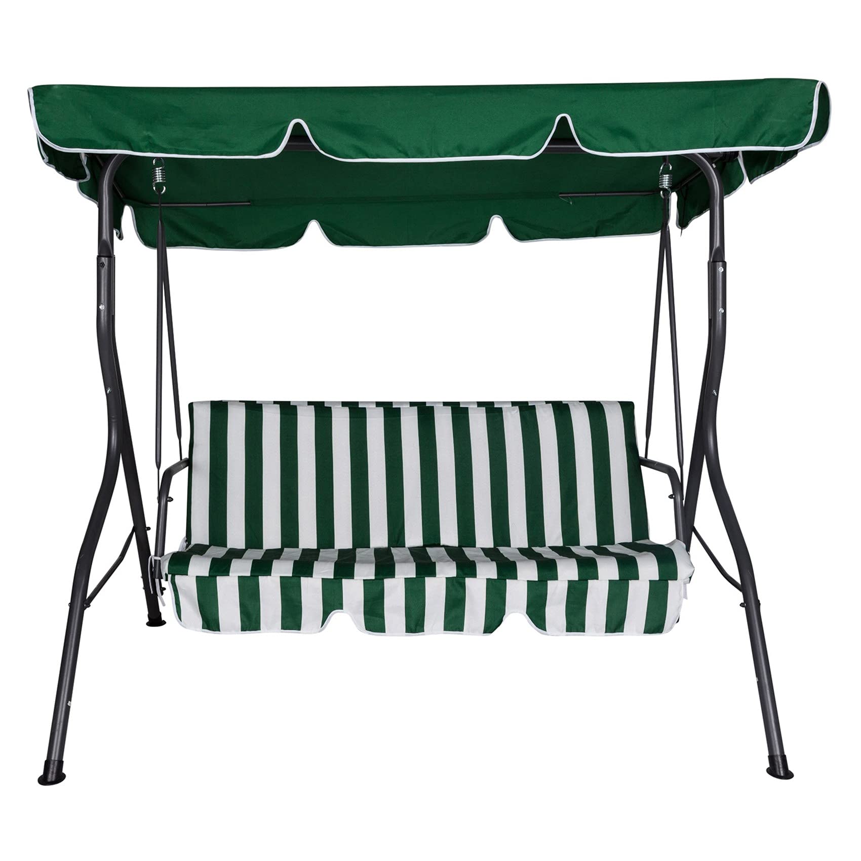 Dmora Dondolo da Giardino 3 posti con tettuccio e Cuscino, Colore Verde e Bianco, cm 180 x 110 x h165