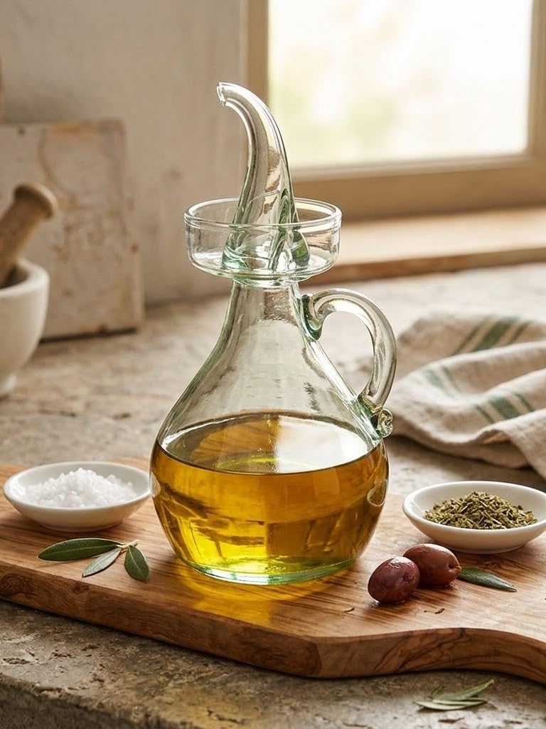 Aceitera Antigoteo Mallorquina 300ml de Vidrio Artesanal Reciclado – Soplada a Mano por Maestros Vidrieros – Botella para Aceite sin Derrames