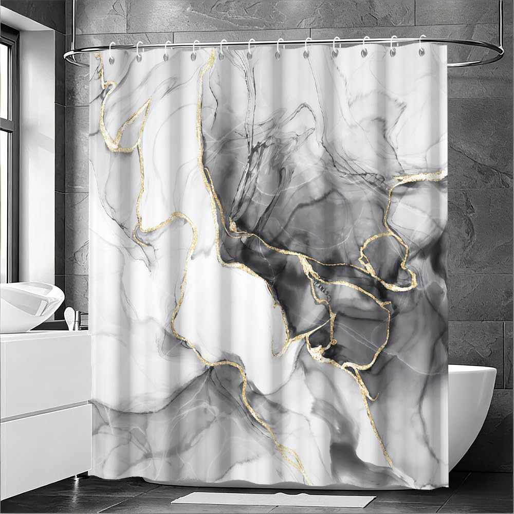Tenda Doccia Antimuffa, Tenda da Doccia 180x200cm Grigio Effetto Marmo Nero Astratta Moderna Tende da Bagno Impermeabile Tessuto Lavabile Poliestere Tende per Vasca da Bagno con 12 Anelli