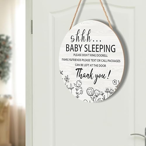 Miniatura 7 de Letrero de sueño de bebé para puerta delantera, de 12 x 12 pulgadas, con texto en inglés "Please Do Not Ring", colgador de puerta de madera para