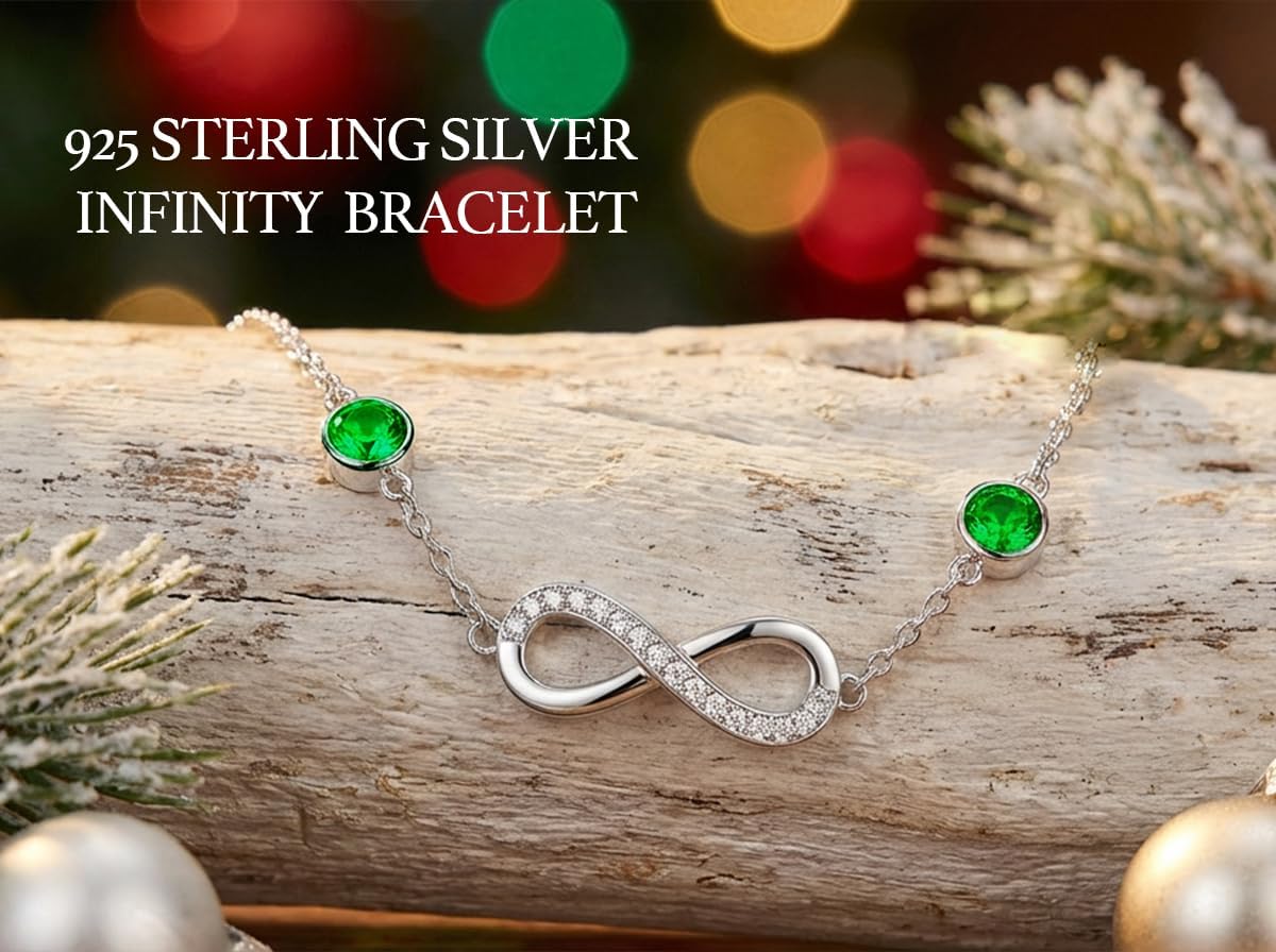 Infinity Birthstone Chain Link Bracelet for Women, Adjustable S925 Sterling Silver Slide Bracelet with Couple Birthstone Jewelry Birthday Anniversary Christmas Gifts for Mother Wife - Image 4