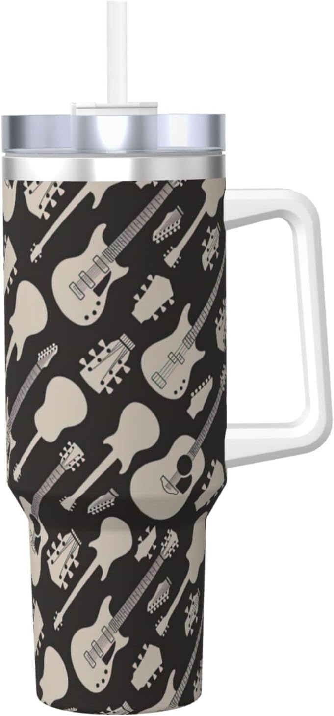40 OZ Guitar pattern Print Ice Bully Cup with Handle Straw Lid Straw,Stainless Steel Tumbler Coffee Cup