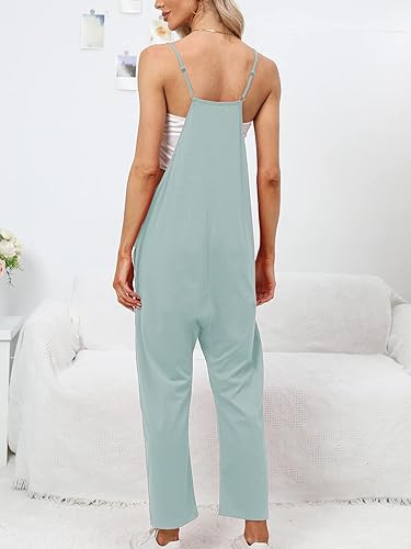 Miniatura 4 de DEEP SELF Overol suelto casual con cuello en V para mujer, sin mangas, tirantes delgados ajustables, pantalones largos harén, overoles con bolsillos