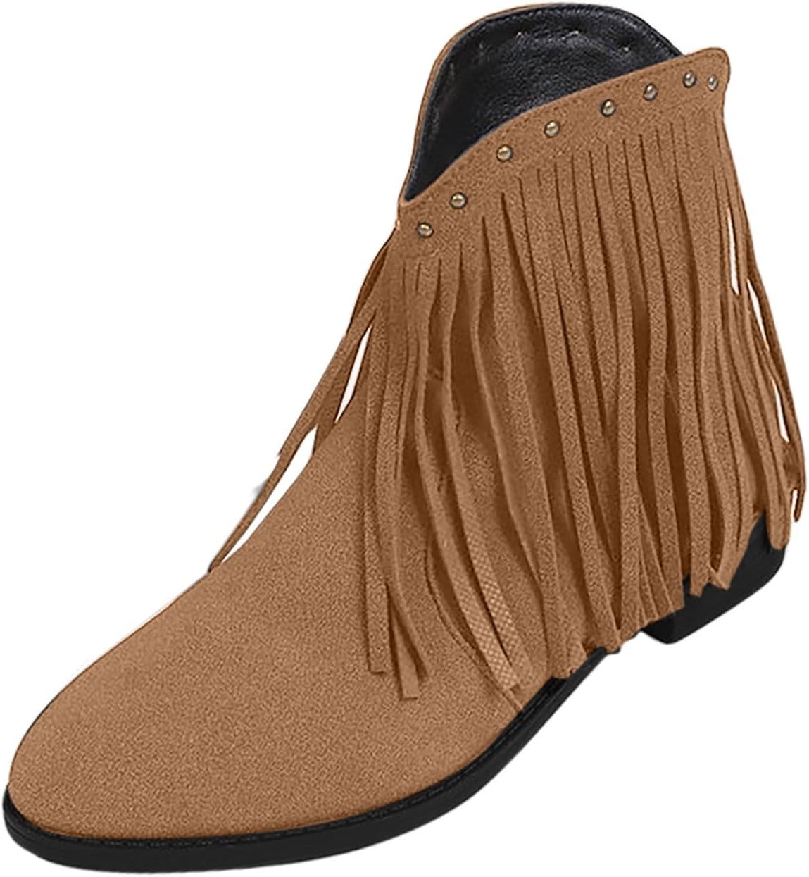 Women Fringe Studded Ankle Boots Boho Low Flat Heel Cowboy Walking Shoes