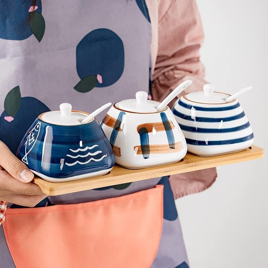 Salt and Sugar Container Sets Ceramic Condiment Container Set Sugar Tank Set Sugar Bowl with Lid Home Seasoning Pot Kitchen Seasoning Kitchen Counter Accessory,3pcs