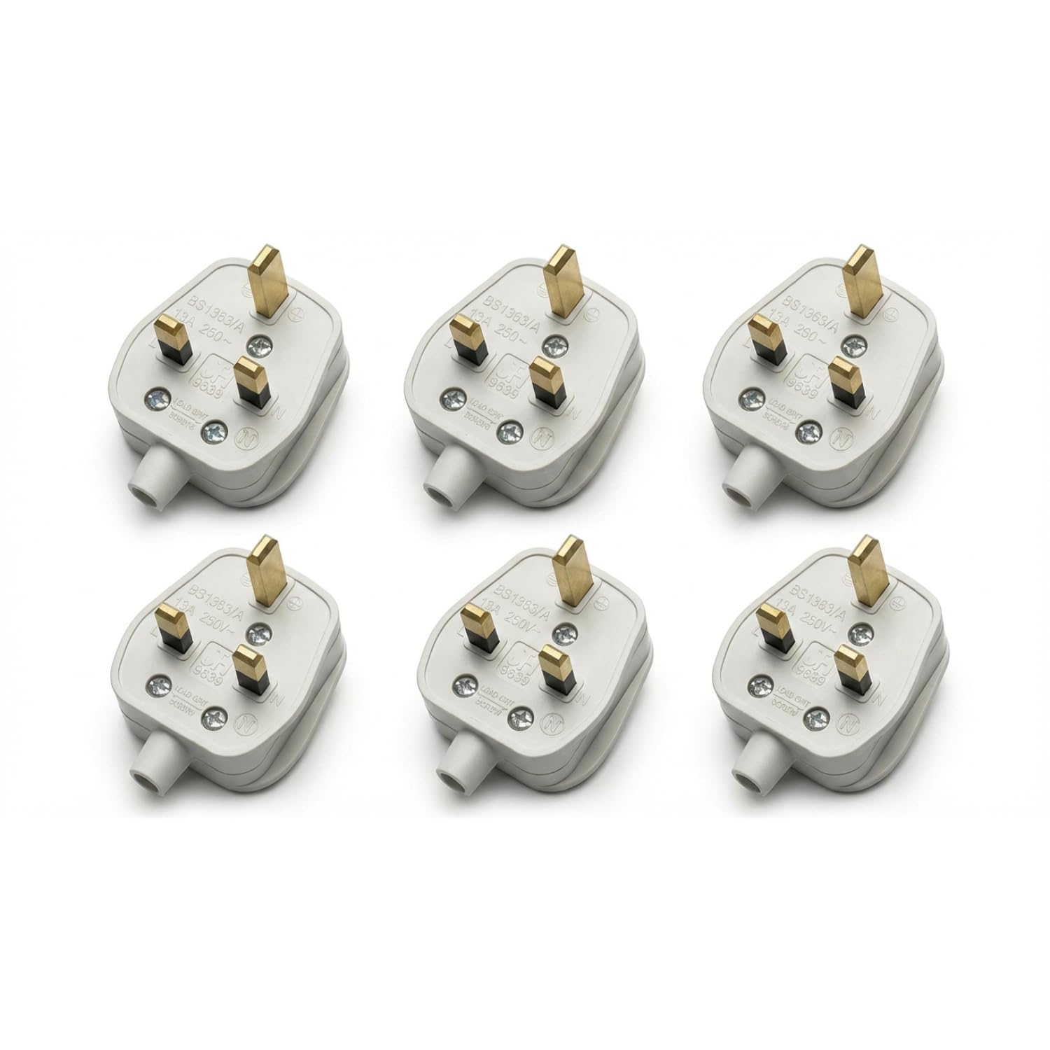 DC VOLTAGE 6 Pack 13 Amp UK 3-Pin Plug Rewireable Mains Power Plug with Solid Brass Pins, BS1363 Fused Replacement Electrical Plug with Secure Cord Grip for 250V Power Cable (White 6 Pcs)