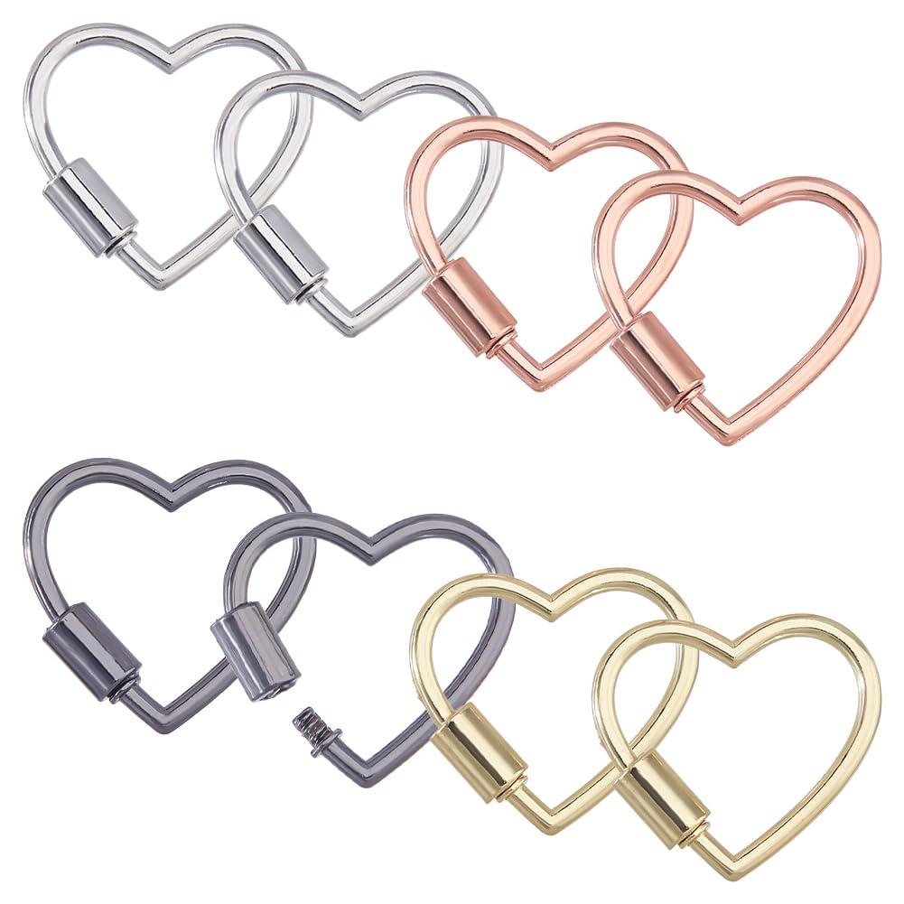 DICOSMETIC 8Pcs 4 Colors Heart Carabiner Necklace Charm Alloy Carabiner Lock Clasp 1.12"x1.18"x0.1" Necklace Connector Clasp Screw Snap Clips Hook for Key DIY Jewelry Making