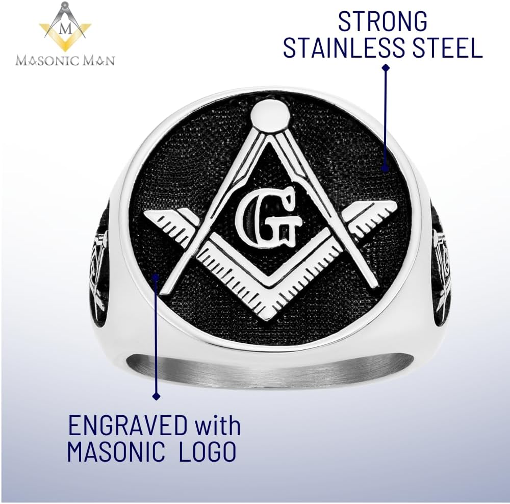 MasonicMan Mens Masonic Square and Compass Triple Sided Stainless Steel Ring Gift Pouch - Image 2
