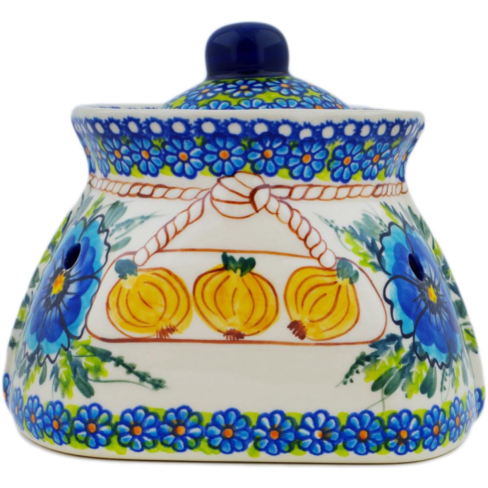 Authentic Polish Pottery Garlic and Onion Jar Signature UNIKAT in Orchid Crown Design Handmade in Boles?awiec Poland + Certificate of Authenticity