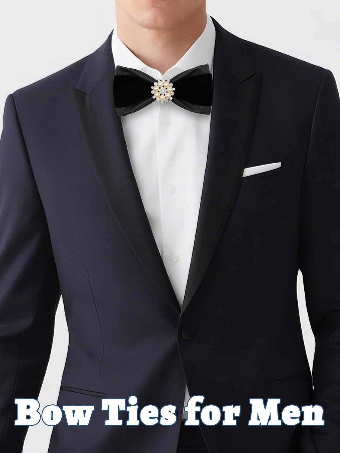 Bow Ties for Men PU Leather with Rhinestone Pearl Decoration Pre Tied Adjustable Bow Tie for Wedding Festival