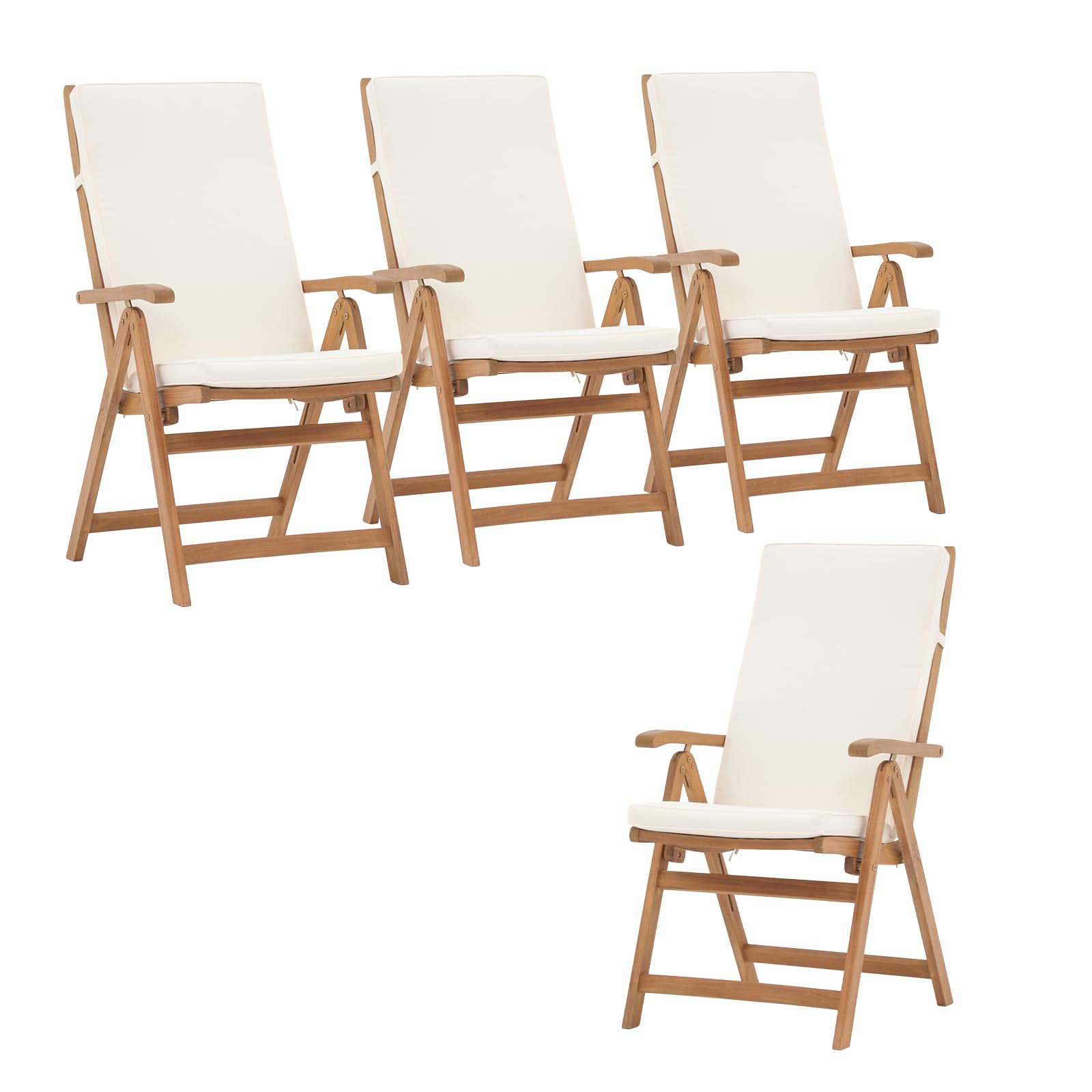 OC Orange-Casual Folding Patio Dining Chair Set of 4, Outdoor Acacia Wooden Reclining Chair w/Armrest & Removeable Cushion, Solid Wood, for Porch,