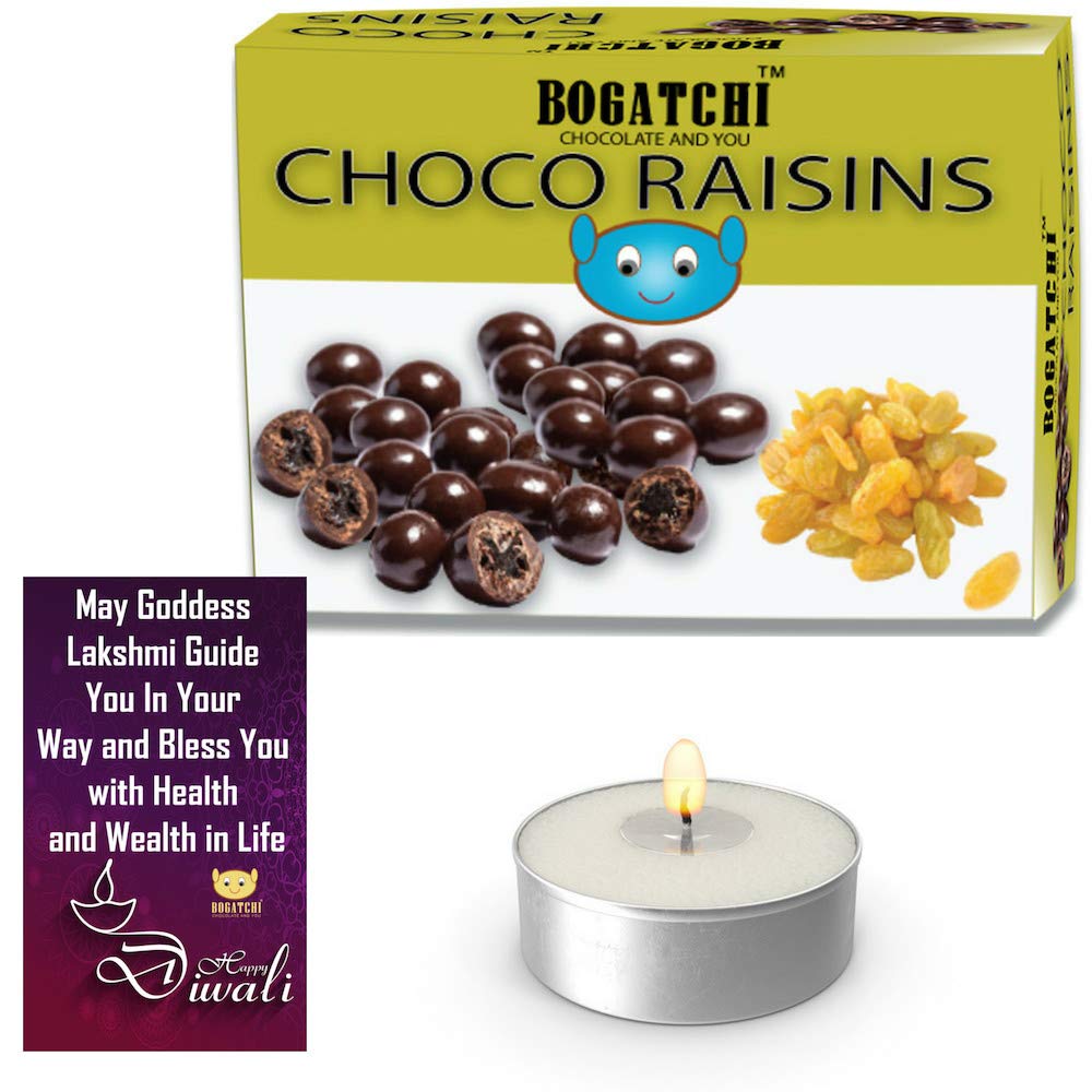 BOGATCHI Diwali Chocolate Gift Hamper for Family, Chocolate Coated Raisins, 100g + Free Diwali Greeting Card + Free Tea Lights