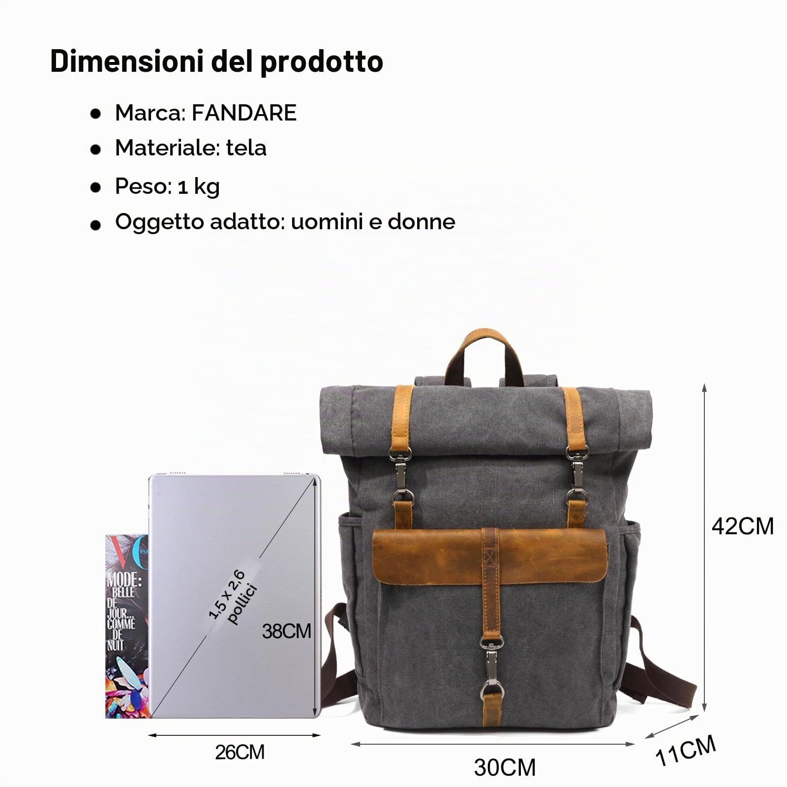 FANDARE Retrò Zaino Rolltop Zainetta Tela Zaino Porta PC Zainetto Scuola Zaino per 15.6 Pollici PC Borsa per Uomo Donna Scuola Università Viaggio Lavoro Daypacks Nero