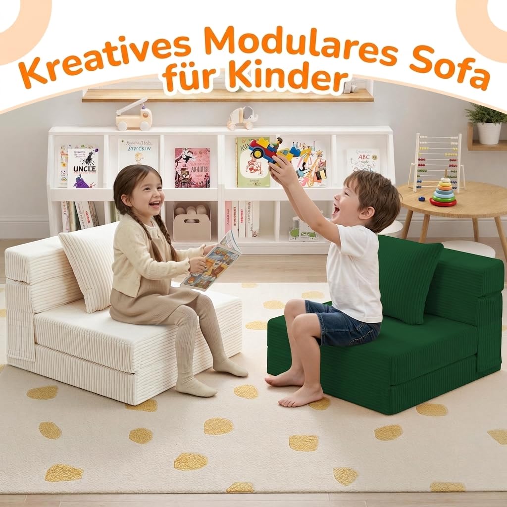 MeMoreCool Cord Spielsofa Kindersofa, Glow-Kinder Sofa, Kinder-Klappsofa, Flip-Sofa Kindercouch, Z-Bett, kindersofa ausklappbar, Bodenbett, Klappcouch für Spielzimmer, Beige