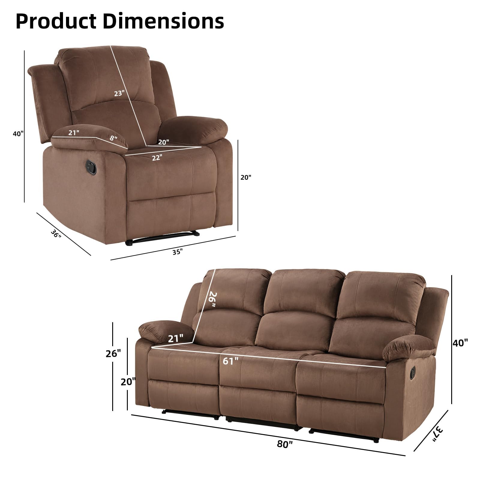 EBELLO Manual Recliner Sofa Set, Modern Microfiber Reclining Couch Furniture Set for Living Room, Includes 1 Recliner Chair and 2 3-Seater Reclining Couch for Home Theater and Office, Brown view 2
