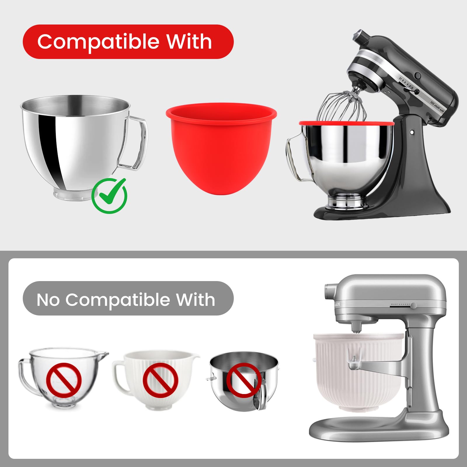 Accessoires pour bols mélangeurs en silicone compatibles avec KitchenAid 4,8 L les mixeurs, comprenant 3 bols et couvercles, lavables au lave-vaisselle