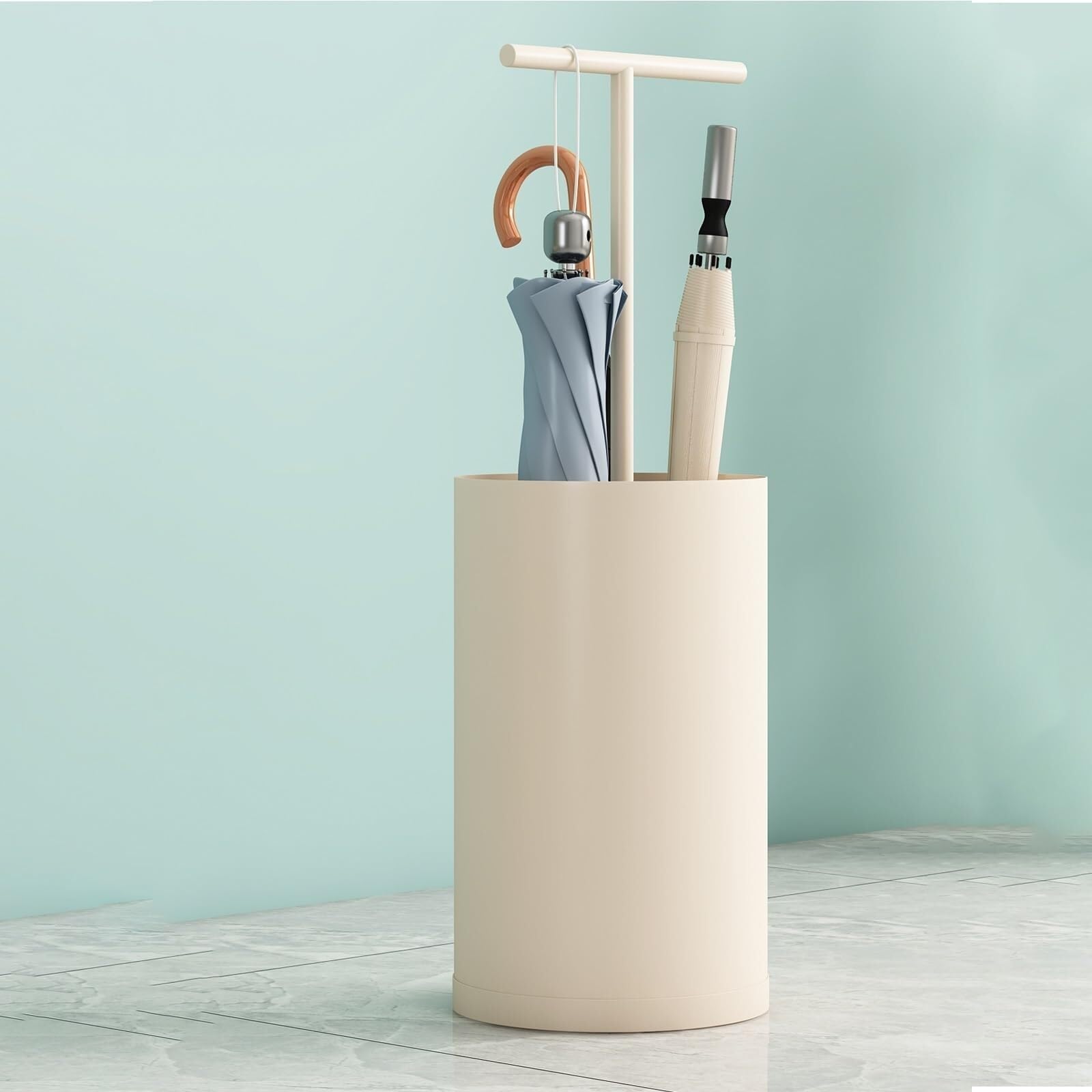 Porte-Parapluie autoportant en métal avec bac à Eau Amovible Porte-Canne Portable Boîte de Rangement Ronde Porte-Parapluie Simple et Moderne(Beige)