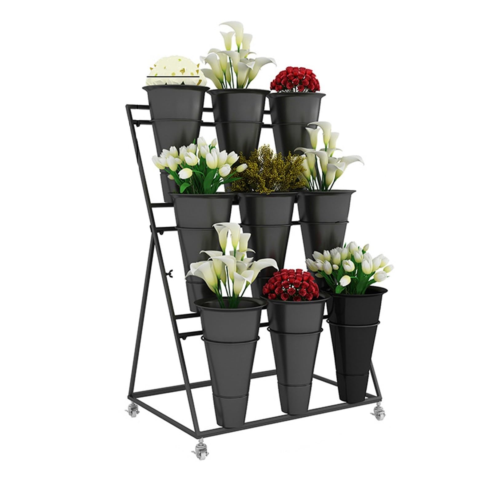 YUANCHUTOP 3-Tier Metal Plant Display Stand with 9 Pots & 4 Lockable Wheels - Mobile Flower Cart for Indoor/Outdoor Use, Ideal for Florists, Gardeners & Home Decor