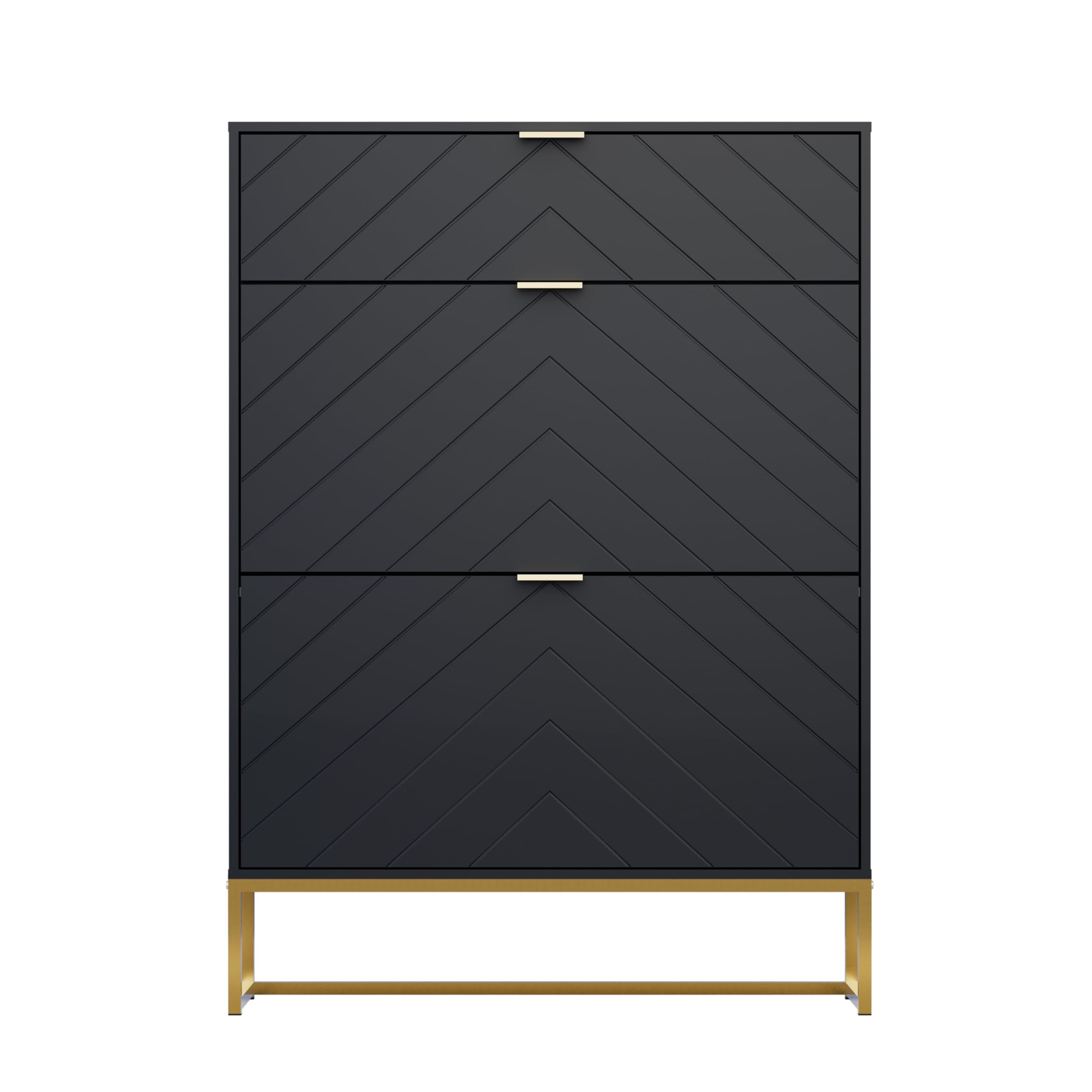 UEV 80cm Wide Shoe Storage Cabinet, 2 Flip Drawers + Top Shelf, Tilt-Out Storage for 16 Pairs, Modern Hallway Cupboard, Black with Gold Legs — image 1