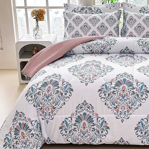 Image of lasoftan Floral King Comforter Set with Sheets, 7 piece Luxury Vintage Bedding, Soft Microfiber Bed in a Bag, Cozy Lightweight Bed Set, Damask Boho Flower
