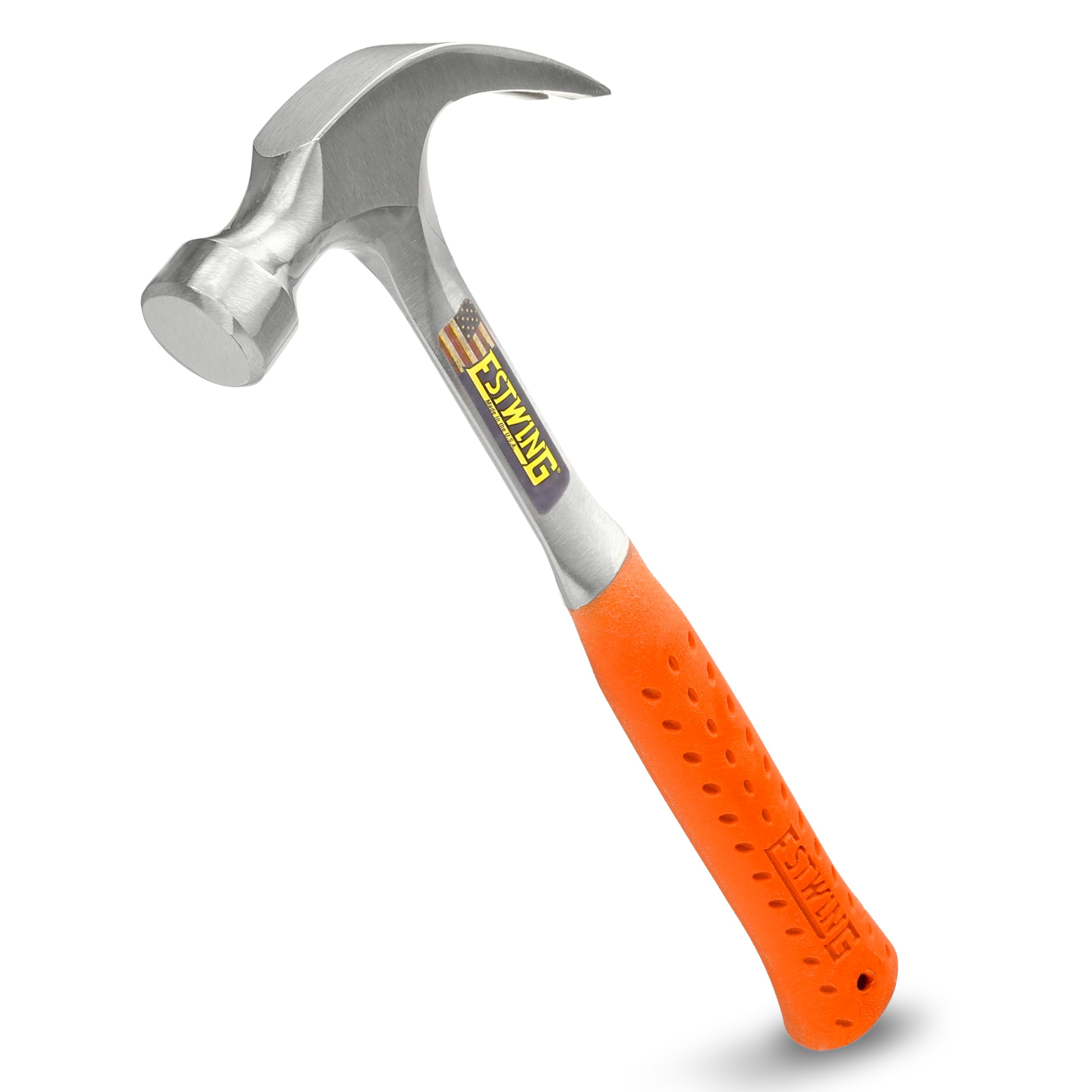 ESTWING Curved Claw Hammer - 20 oz USA Made Curved Claw Hammer with Forged Steel Construction & Hi-Vis Orange Shock Reduction Grip - EO-20C