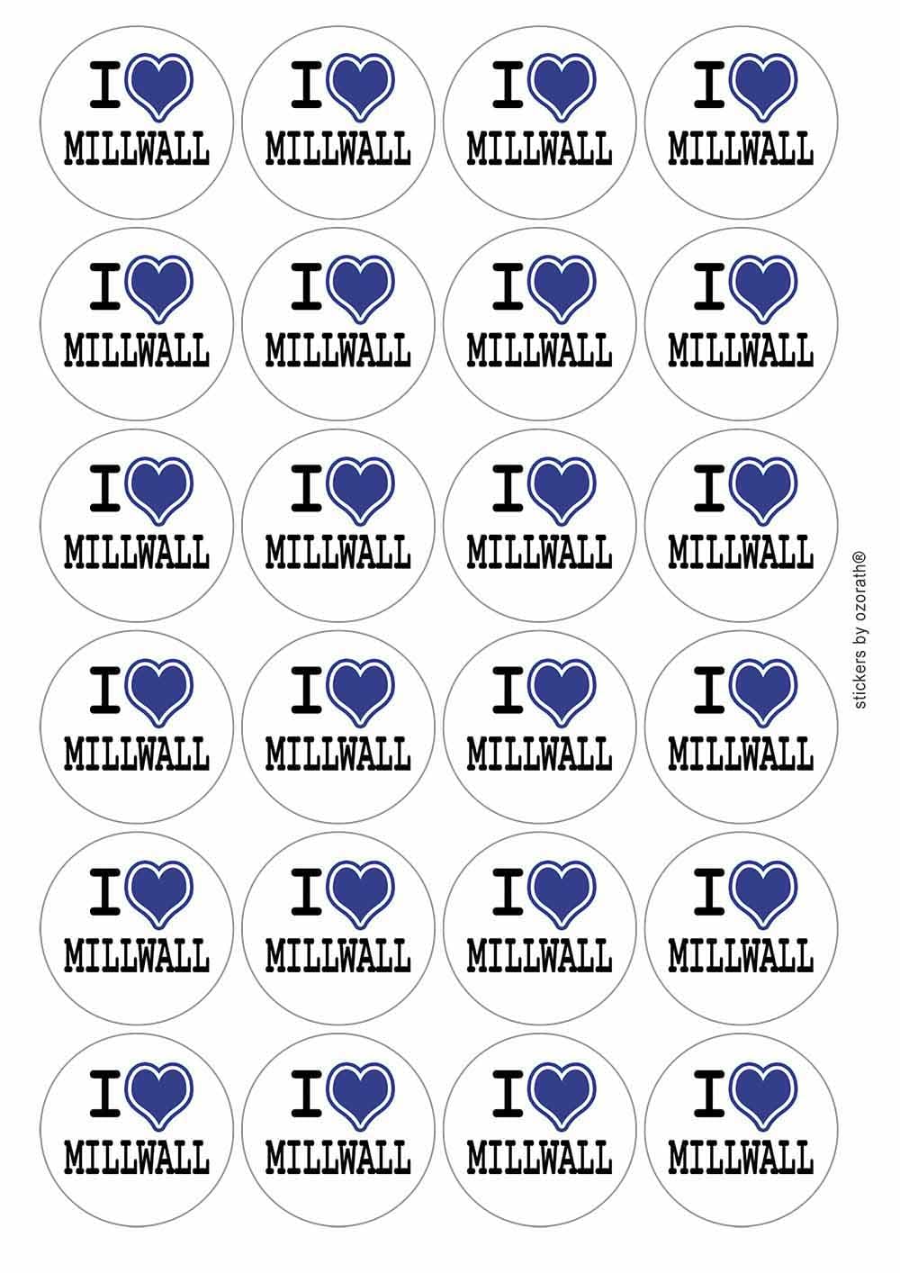 I Heart Love Millwall Circular Matt Paper Stickers A4 Sheet of 24 (Each Sticker is 45mm Diameter)