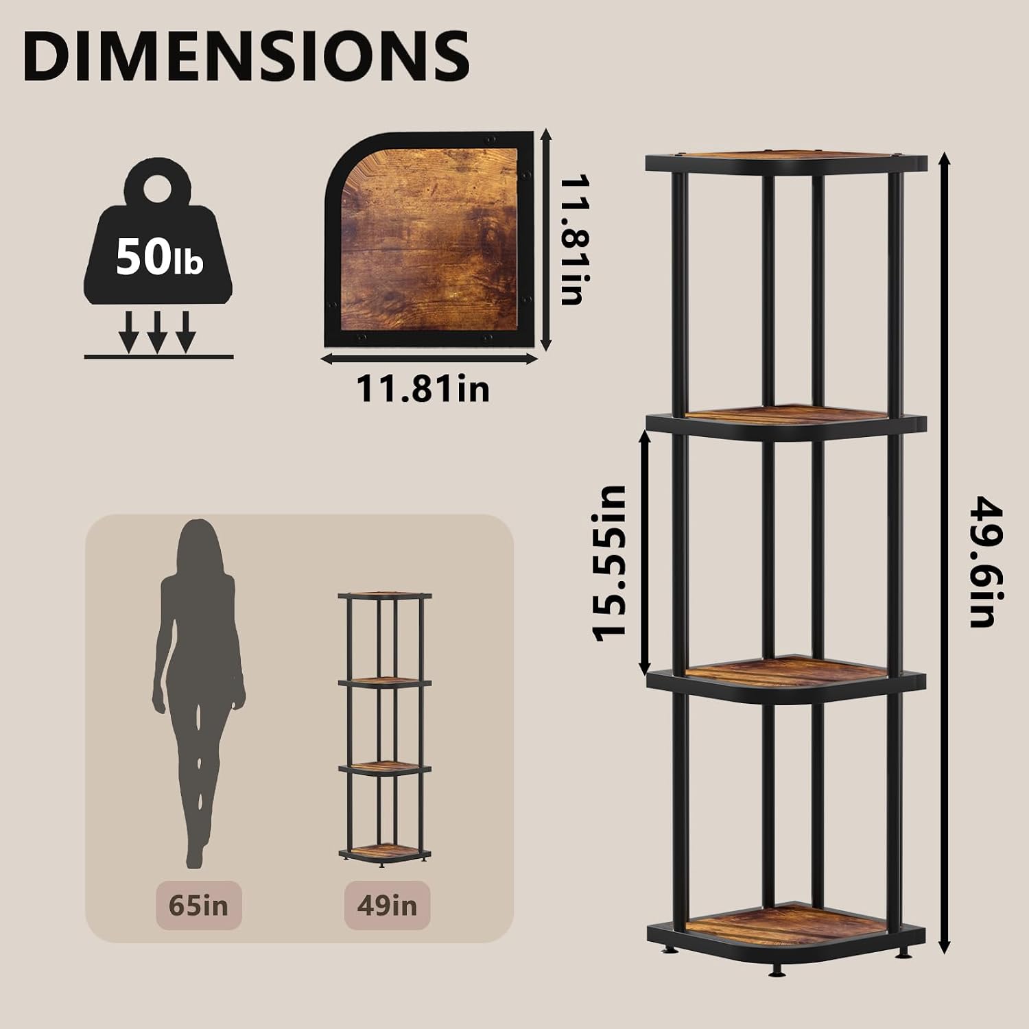Corner Shelf 4 Tier Industrial, Rustic Wood Metal Storage Rack