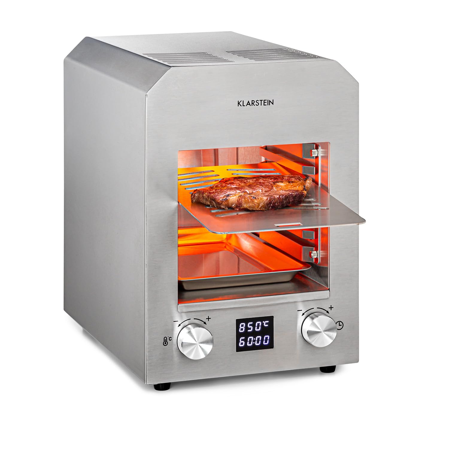 Klarstein Hannibal - Parrilla alta temperatura interior, Potencia: 2.200 W, Temperatura: 200-850 °C, Elemento infrarrojo, CharForce System, Superficie: 18,5 x 30 cm, Display LED, Temporizador, plata