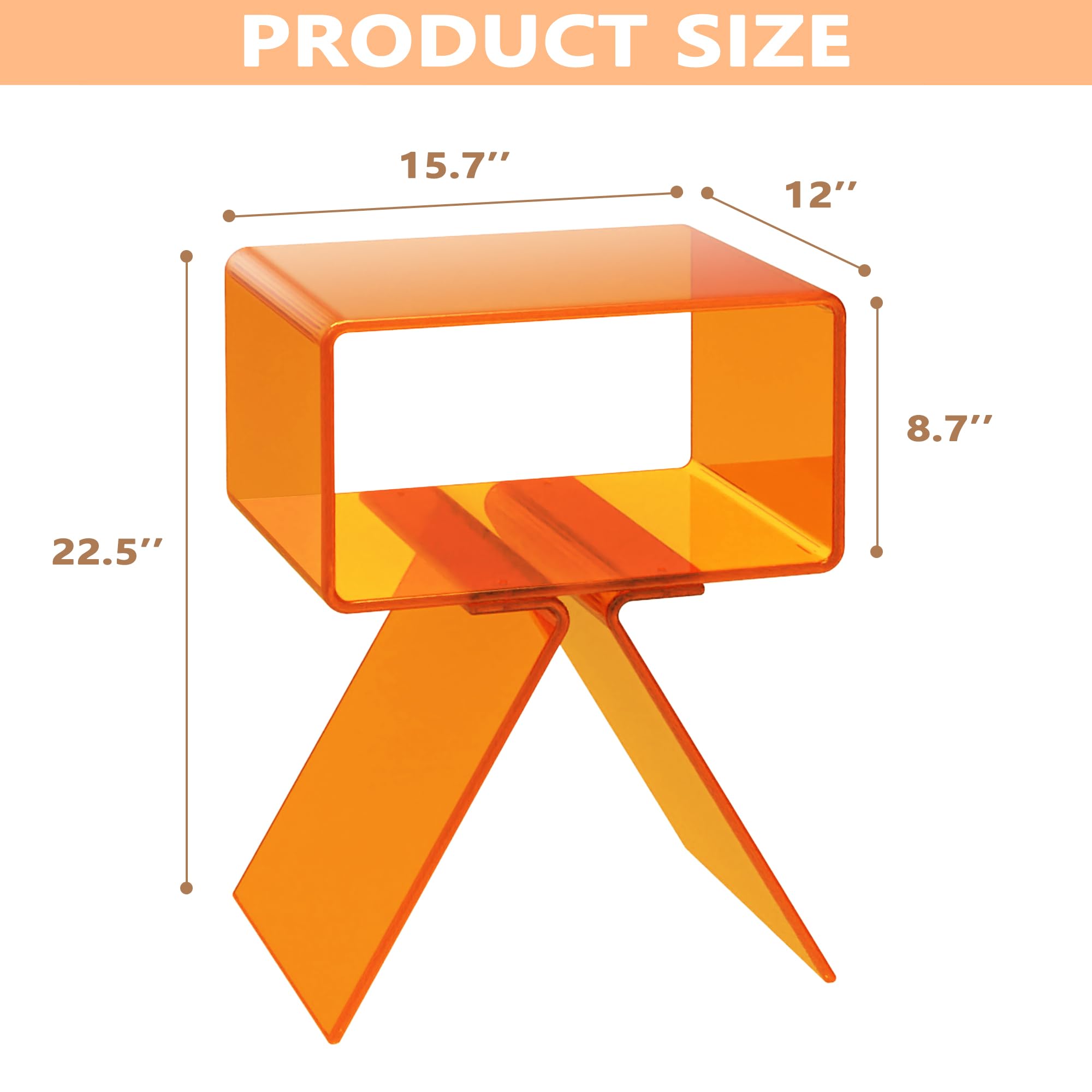 Clear Acrylic Side Table, Acrylic Nightstand for Bedroom, End Table for Living Room, A Shaped Leg, Model B Orange