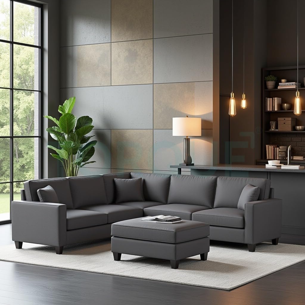 Torque - Moscow 5 Seater (Dark Grey) Corner Fabric L Shape Sofa with Ottoman for Living Room,Bedroom,Office Furniture,1 Year Warranty