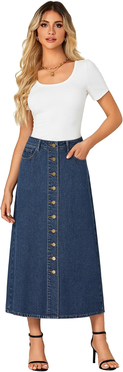 Vrtige Women's Casual Button Down High Waisted A Line Jean Midi Long Denim Skirt with Pockets