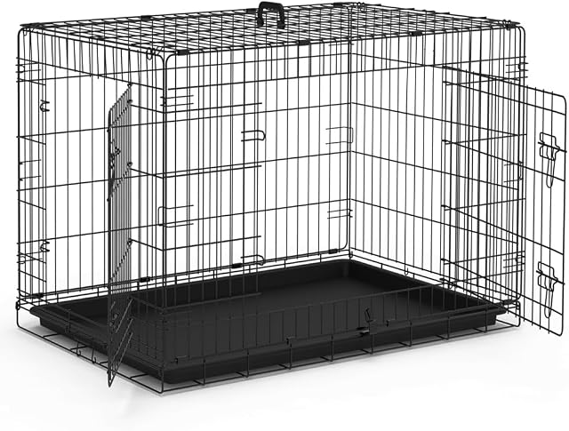 VOUNOT® Gabbia per Cani Pieghevole in Metallo, Cassetta per Trasporto Scatola Trasportino Cani con 2 Porte, Vassoio Rimovibile, 107x70x78cm, Nero
