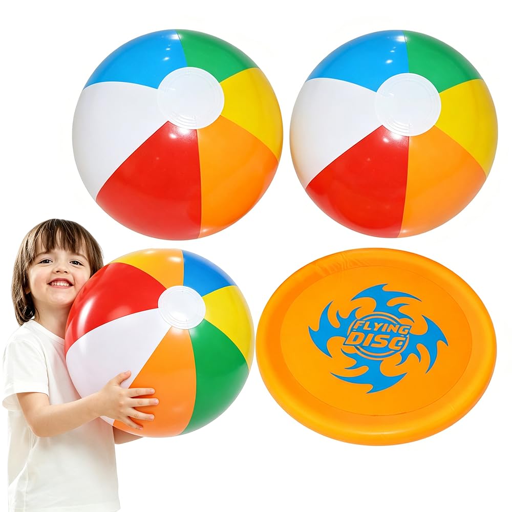 Glowcharm Beach Toys Set with 2pcs 16" Inflatable Beach Balls and Beach Frisbee, Pool Toys for Kids, Beach Games and Outdoor Water Toys for Garden, Swimming Pool, Camping and Family Holidays