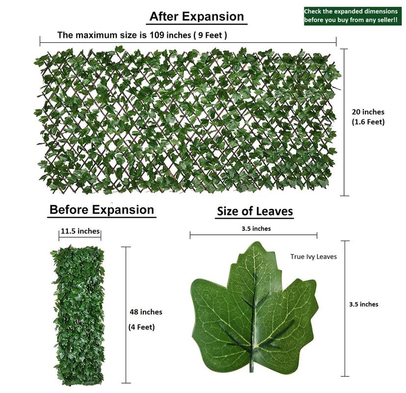 Image of Artificial Grass Trellis with Ivy Leaves (2 Pieces) I Expandable Garden Grass Fence I UV Protected I Outdoor Indoor (Green, 1 Piece is 4 Feet x 1 Feet, expands to 9 FEET x 1.6 Feet)