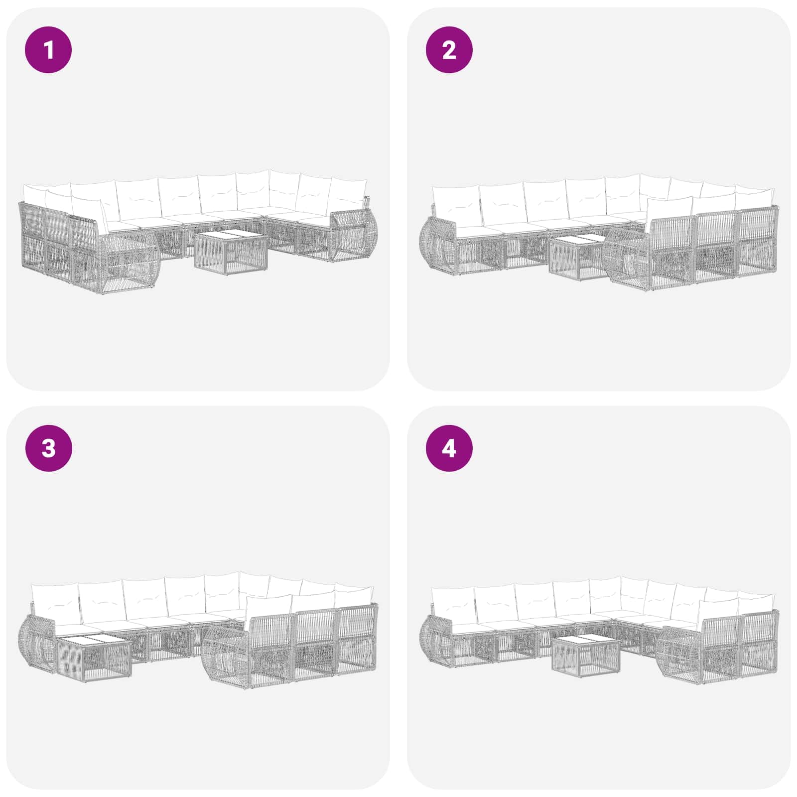 Juego de sofás de jardín de 11 piezas, gris oscuro, polirratán, con mesa, para terraza, balcón, exterior, resistente a la intemperie, modular, incluye cojines, marco de acero recubierto de