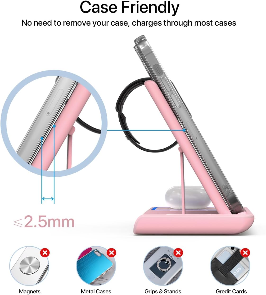 Wireless Charger for iPhone, Wireless Charging Station for Multiple Devices Apple, 3 in 1 Wireless Charger Stand Compatible with Apple Watch, iPhone & AirPods, Wireless Charging Pad with Adapter(Pink)