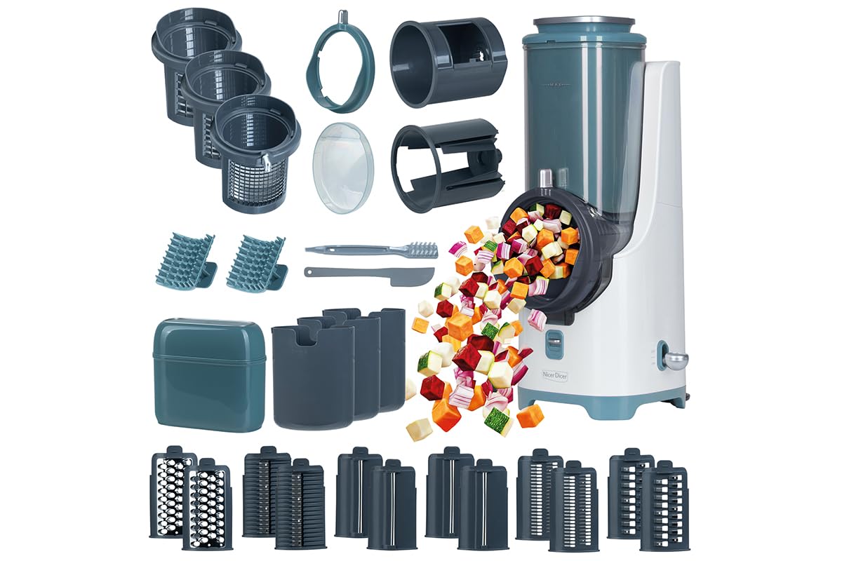 Genius Nicer Dicer Electro PRO Set 32-tlg., sage, Gemüseschneider elektrisch mit 9 Einsätzen zum Reiben, Hobeln, Würfeln & Schneiden, extra-scharfe Klingen, einfache Reinigung, leistungsstark