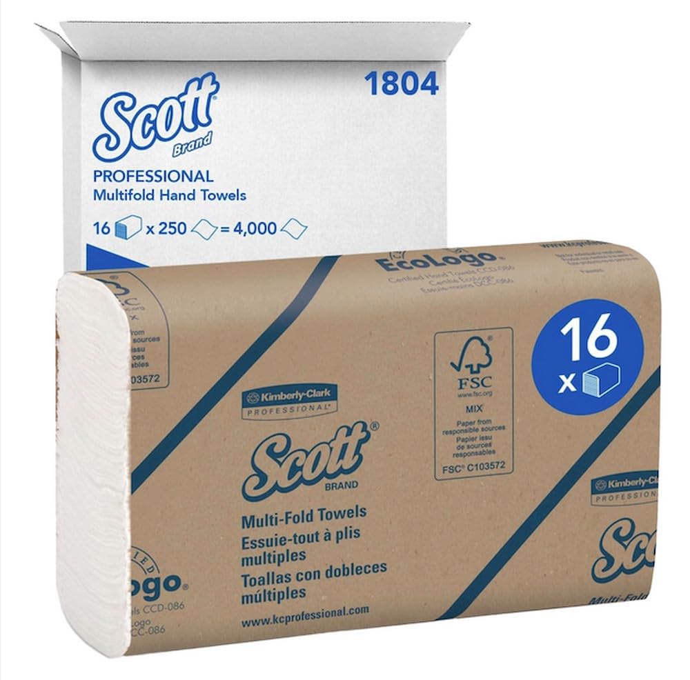 Scott Essential Essuie-Mains, 16 Multiplis en Z, Blancs, Technologie Airflex, Doux, Absorbants et Résistants, 16 Paquets x 250 Feuilles (4 000 Feuilles au Total), article 1804